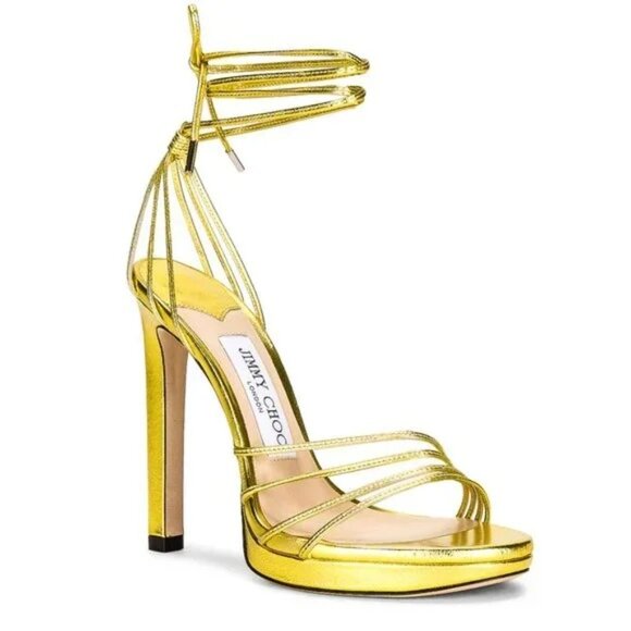 NEW Jimmy Choo Anita 120 Metallic Leather Heel in Acid Yellow heeled sandal 38 8
